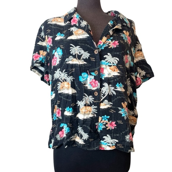 Havana Jacks Cafe Button Up Shirt Hawaiian Vacation Palms & Flowers Vintage - Picture 1 of 9
